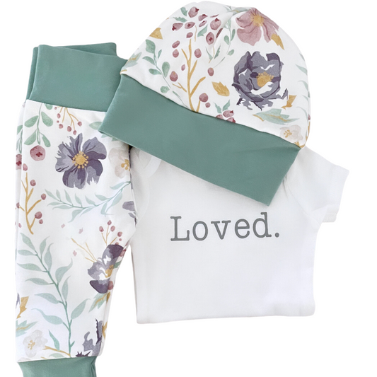 Watercolour purple floral baby outfit